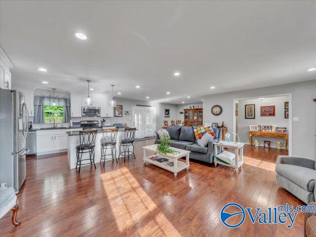 living room featuring recessed lighting and dark wood-type flooring