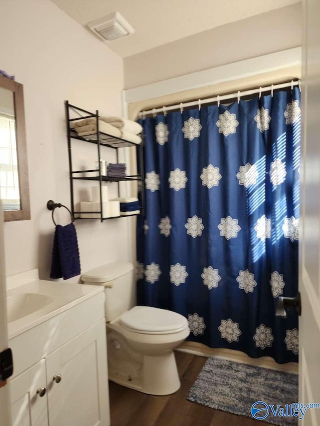 bathroom with wood-type flooring, vanity, and toilet