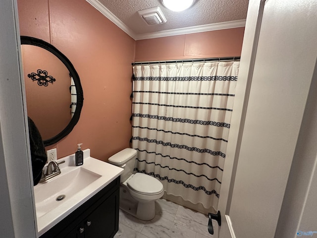 bathroom with vanity, a shower with curtain, crown molding, toilet, and a textured ceiling