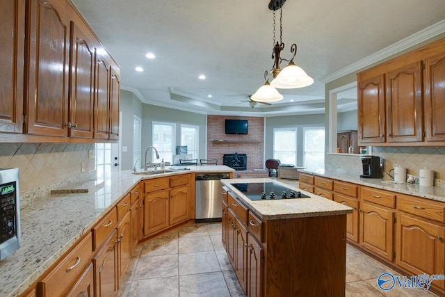 14850 Creek Ln, Athens, AL 35613 - kitchen featuring a sink, dishwasher, black electric cooktop, a peninsula, and a brick fireplace