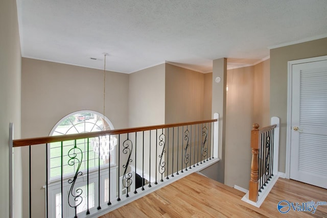 14850 Creek Ln, Athens, AL 35613 - corridor with wood finished floors, an upstairs landing, ornamental molding, a textured ceiling, and baseboards