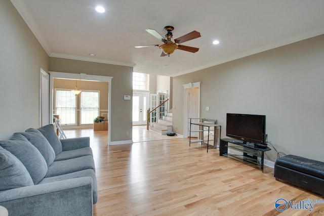 14850 Creek Ln, Athens, AL 35613 - living area with a ceiling fan, ornamental molding, light wood-style floors, recessed lighting, and baseboards