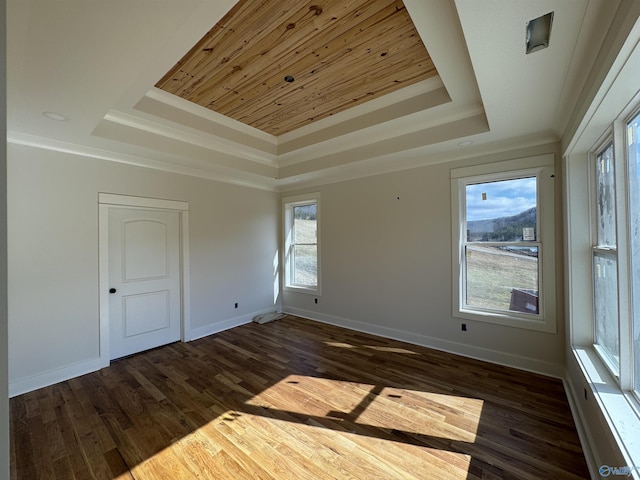 spare room featuring crown molding, a tray ceiling, and dark hardwood / wood-style floors