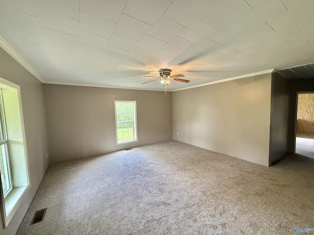 unfurnished room featuring crown molding, ceiling fan, visible vents, and carpet