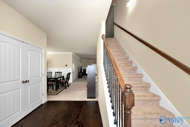 stairway with hardwood / wood-style flooring