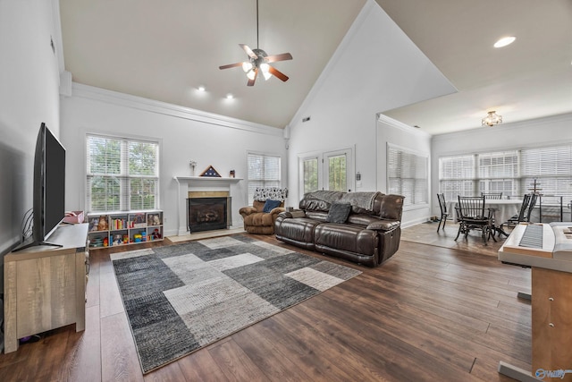 11 Nandina Ln SW, Huntsville, AL 35824 - living room with ceiling fan, plenty of natural light, high vaulted ceiling, ornamental molding, and wood finished floors