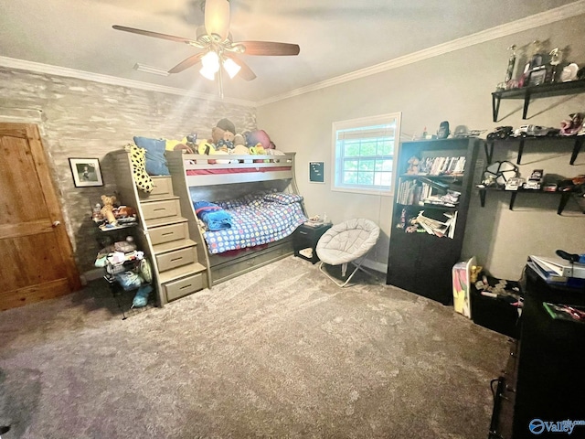 carpeted bedroom featuring a ceiling fan, baseboards, and ornamental molding