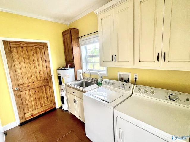 laundry room with cabinet space, a sink, separate washer and dryer, ornamental molding, and electric water heater