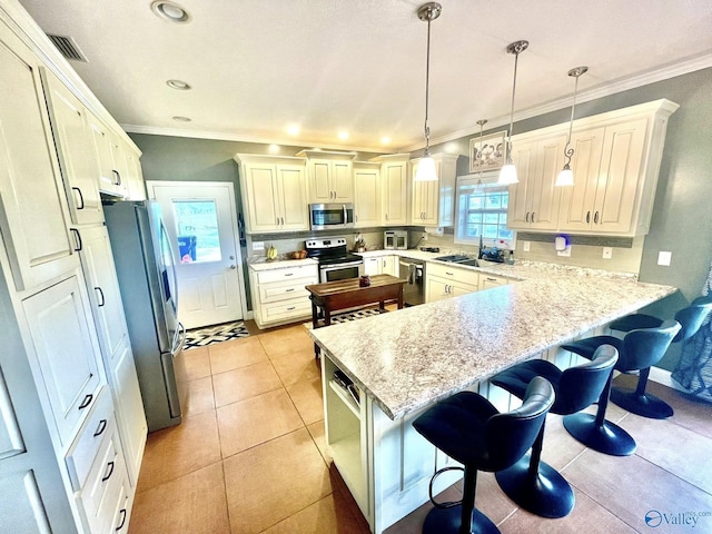 kitchen featuring ornamental molding, a peninsula, and stainless steel appliances