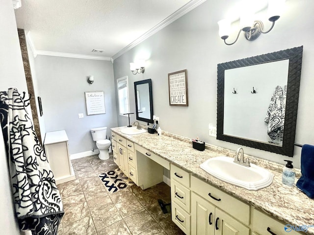 full bath featuring a sink, ornamental molding, toilet, and double vanity