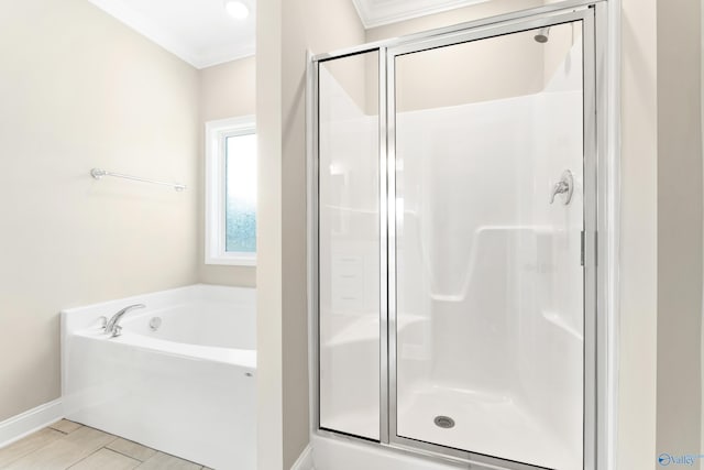 bathroom with plus walk in shower and crown molding