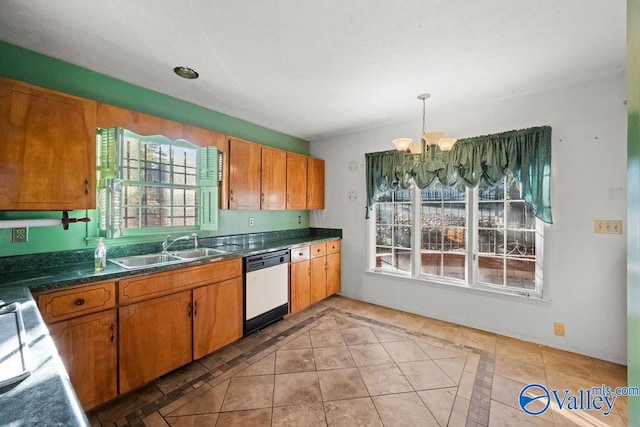 kitchen featuring light tile patterned floors, a chandelier, white dishwasher, pendant lighting, and sink