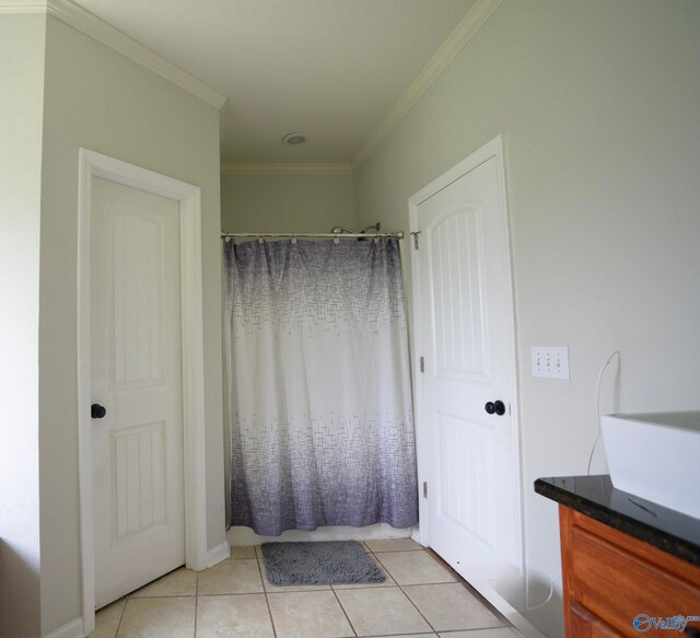 302 Meredith Dr, Muscle Shoals, AL 35661 - bathroom with vanity, tile patterned floors, ornamental molding, and a shower with shower curtain