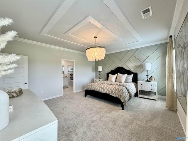 bedroom with carpet, baseboards, visible vents, a tray ceiling, and ornamental molding