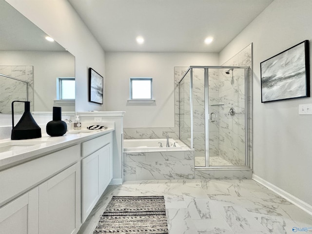 bathroom featuring a marble finish shower, double vanity, a sink, a garden tub, and marble finish floor