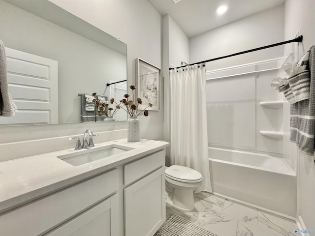 bathroom with marble finish floor, toilet, vanity, and shower / bathtub combination with curtain