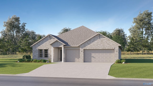 view of front facade featuring a front lawn, a garage, and brick siding