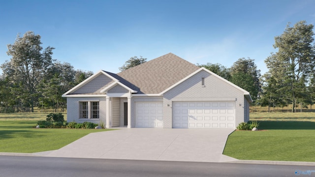 view of front facade featuring a garage, driveway, brick siding, and a front lawn