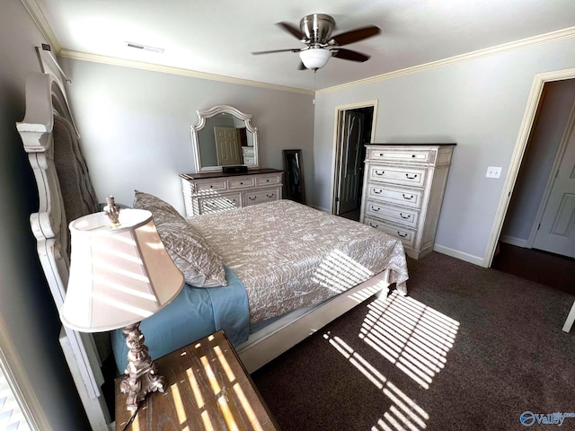 carpeted bedroom with baseboards, visible vents, ceiling fan, and crown molding