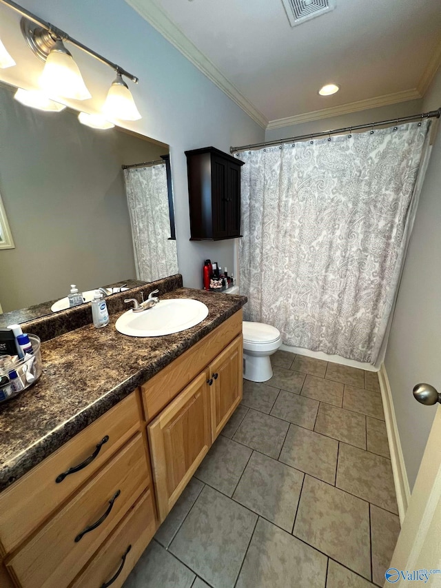 full bathroom with tile patterned flooring, toilet, vanity, visible vents, and ornamental molding