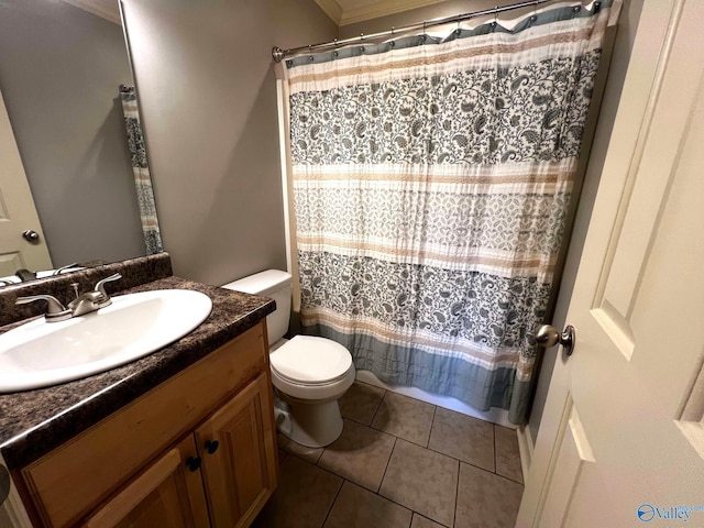 full bath featuring a shower with curtain, vanity, toilet, and tile patterned floors