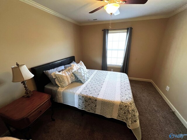 bedroom featuring ornamental molding, carpet, visible vents, and baseboards