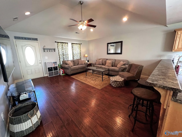 living room featuring dark wood-style floors, recessed lighting, visible vents, vaulted ceiling, and ceiling fan