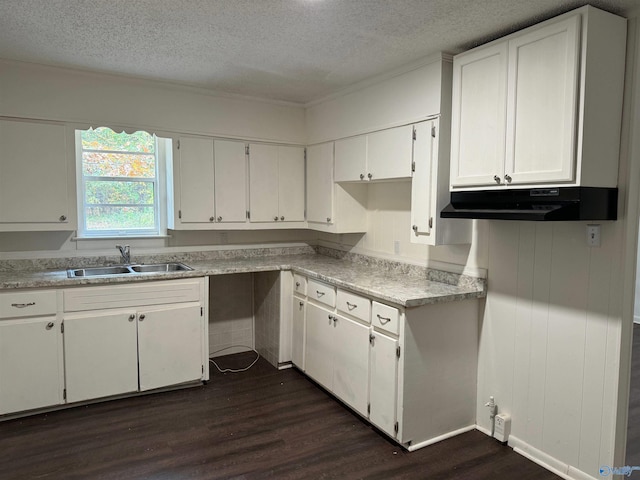 kitchen with white cabinetry, sink, dark hardwood / wood-style floors, and a textured ceiling