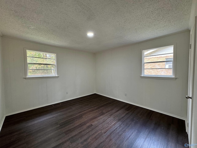 empty room featuring a wealth of natural light, dark hardwood / wood-style flooring, and a textured ceiling