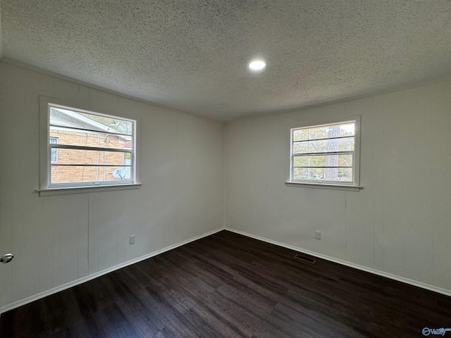 empty room with a textured ceiling, plenty of natural light, and dark hardwood / wood-style floors