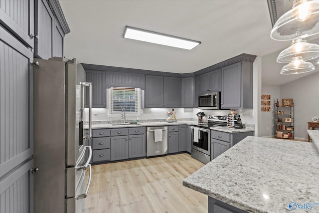 kitchen featuring appliances with stainless steel finishes, sink, hanging light fixtures, and gray cabinetry