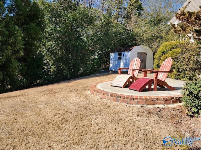 view of yard with a patio area and a storage unit