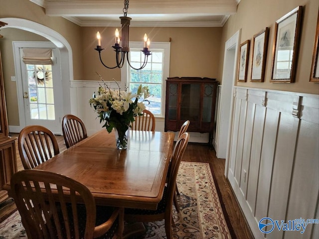 dining space featuring dark wood-type flooring, a wealth of natural light, ornamental molding, and a chandelier