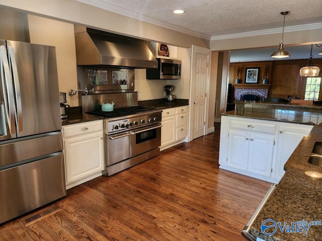 kitchen featuring stainless steel appliances, extractor fan, dark hardwood / wood-style flooring, and white cabinetry