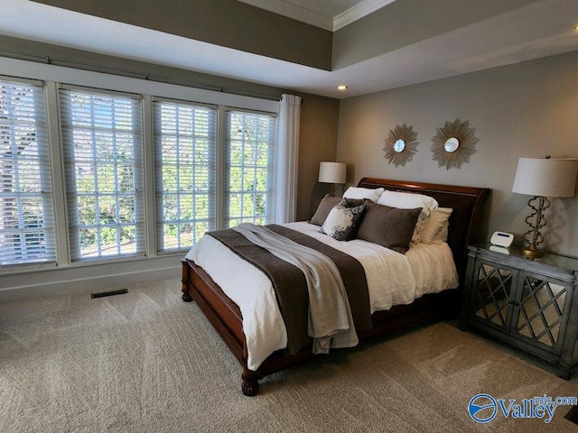 bedroom with crown molding and carpet floors