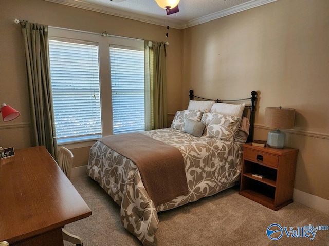 bedroom with crown molding and carpet flooring