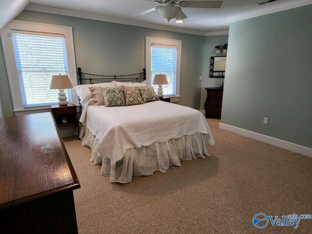 carpeted bedroom featuring multiple windows, ornamental molding, and ceiling fan