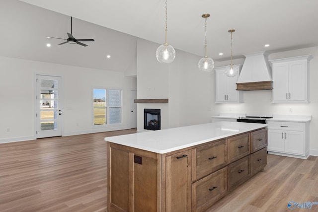 kitchen with light wood-style floors, a center island, custom range hood, and white cabinetry