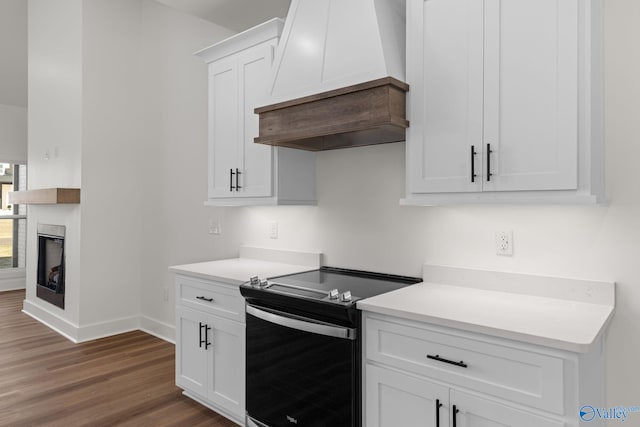 kitchen with range with electric cooktop, wood finished floors, light countertops, baseboards, and custom range hood