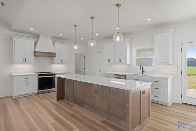 kitchen featuring a sink, premium range hood, appliances with stainless steel finishes, and light countertops