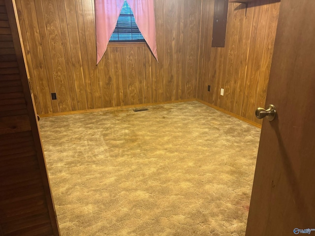 spare room with carpet flooring, electric panel, and wooden walls