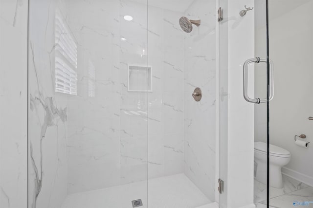 full bathroom with a marble finish shower, toilet, and marble finish floor