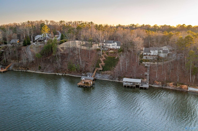 birds eye view of property with a forest view and a water view