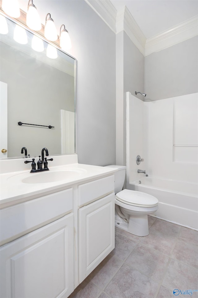 full bath featuring shower / bathing tub combination, toilet, ornamental molding, vanity, and tile patterned floors