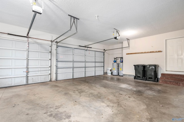 garage with a garage door opener and electric water heater