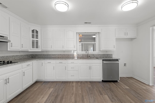 kitchen with white cabinets, light stone countertops, sink, and dishwasher