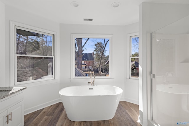 bathroom with wood-type flooring, a bathtub, and vanity