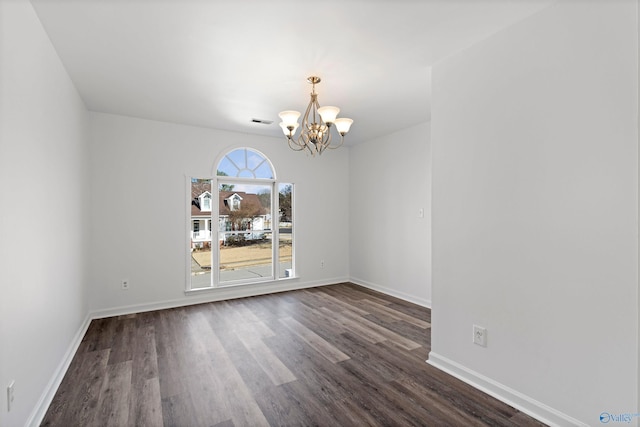 unfurnished dining area with dark hardwood / wood-style floors and a chandelier