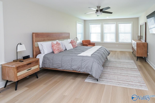 bedroom featuring light wood-type flooring and ceiling fan