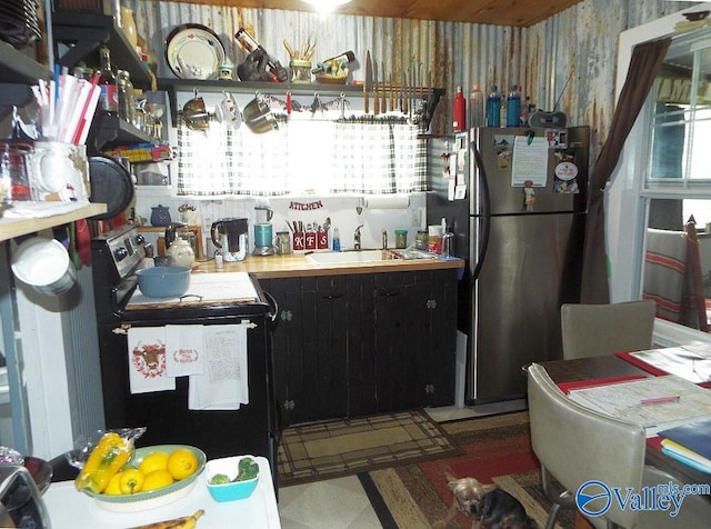 kitchen with stainless steel fridge, sink, and range with electric cooktop